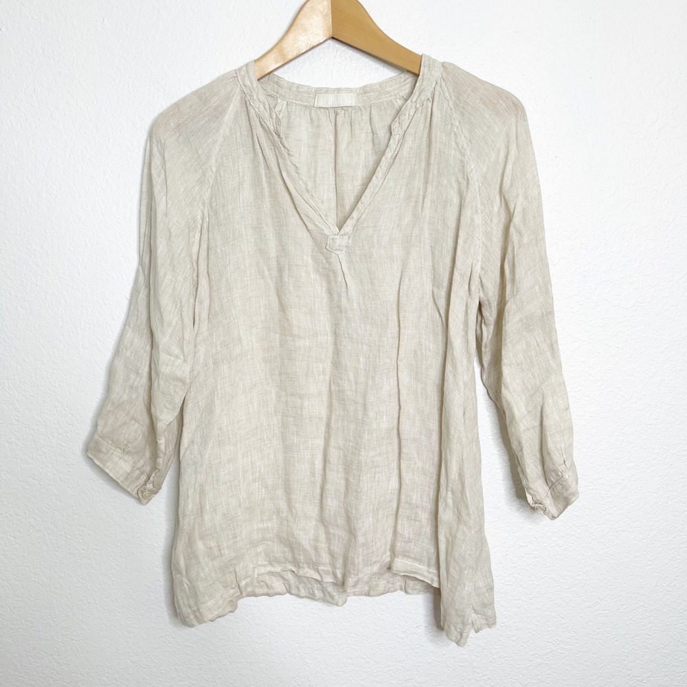 CP Shades 100% Linen V-Neck Tunic Blouse Beige 3/4 Sleeve XS Made in USA
